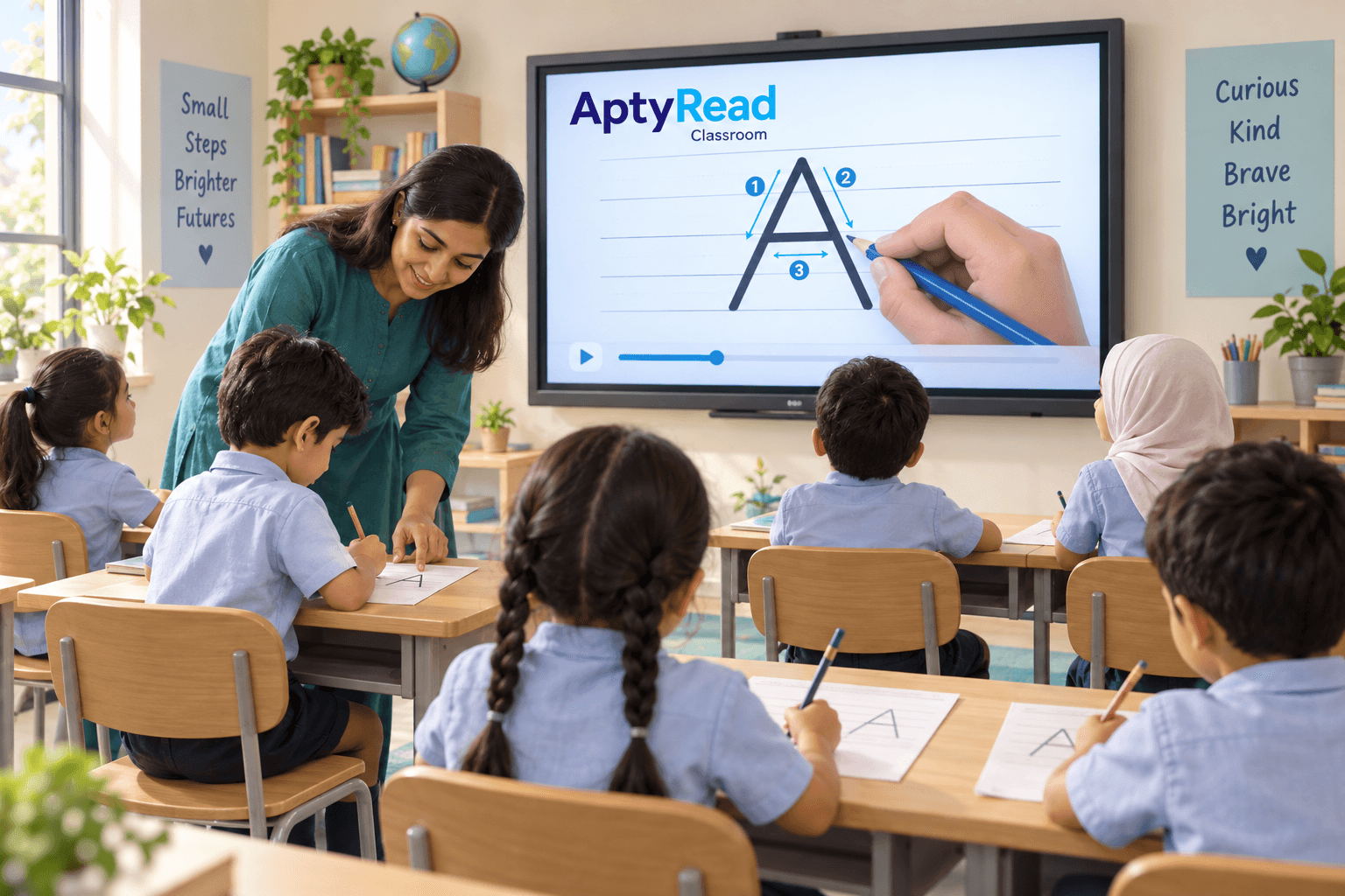 Illustration of children practising letter A on paper while a teacher checks their writing and an AptyRead lesson plays on a shared classroom screen.
