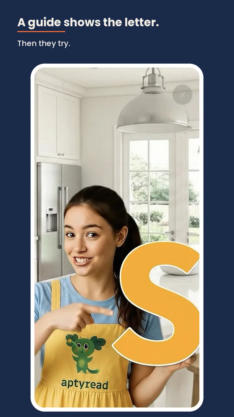 AptyRead: a guide shows the letter S, then they try