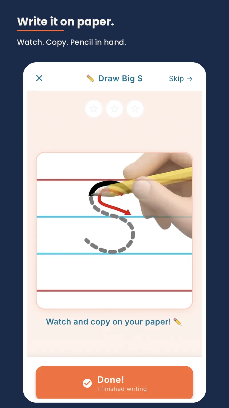 AptyRead: write the letter S on paper, watch and copy
